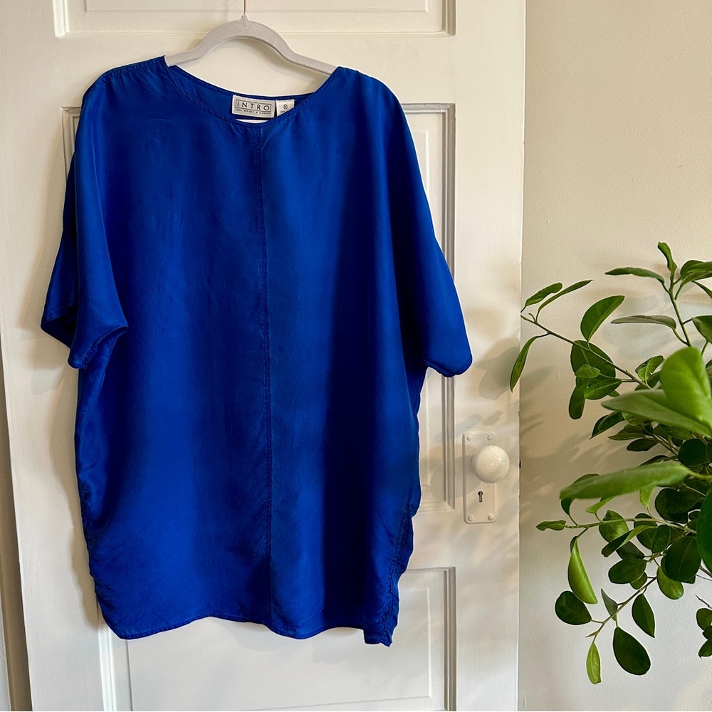 Vintage Intro Fenn Wright‎ & Manson Royal Blue Silk Blouse Tunic Top M